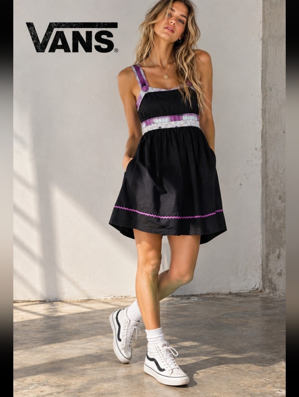 Vans Black Purple Plaid Babydoll Mini Dress Size S